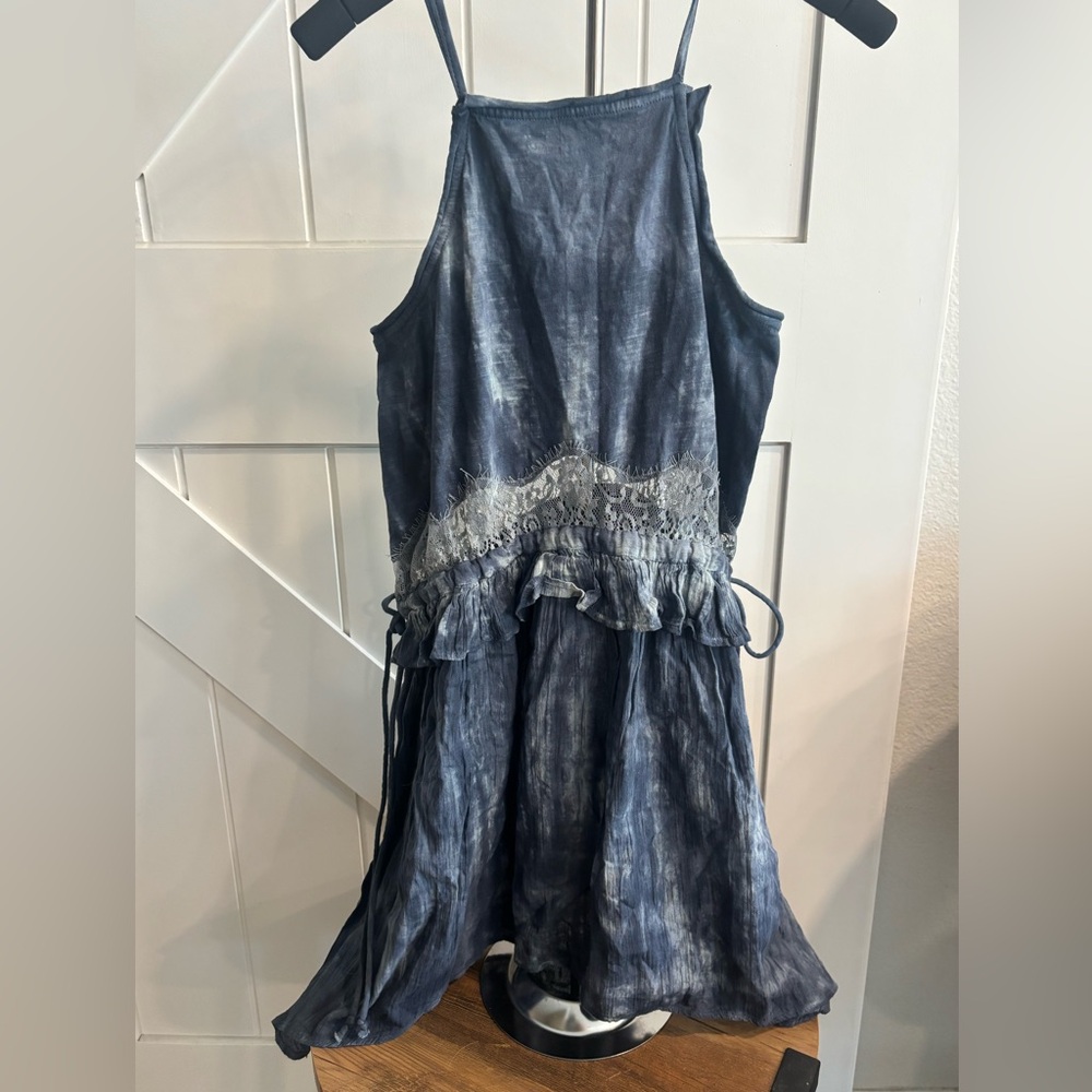 Topshop Tie-Dye Mini Dress Size 4 NWT | Boho Lace Ruffle Adjustable Straps - Picture 2 of 8